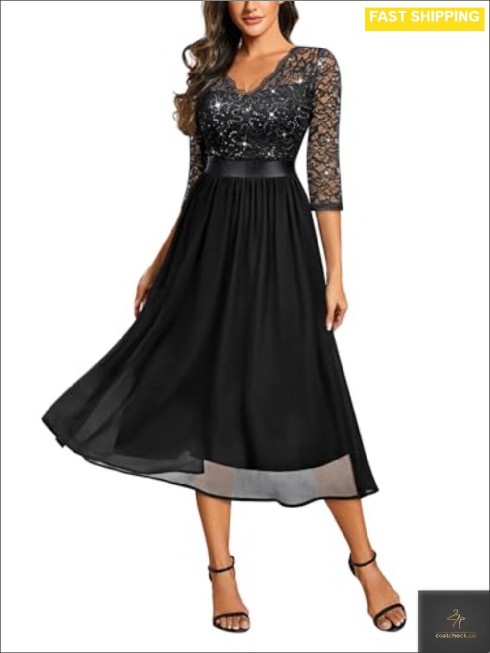 Sequin Lace Chiffon Bridesmaid Party Dress V-Neck A-Line Midi